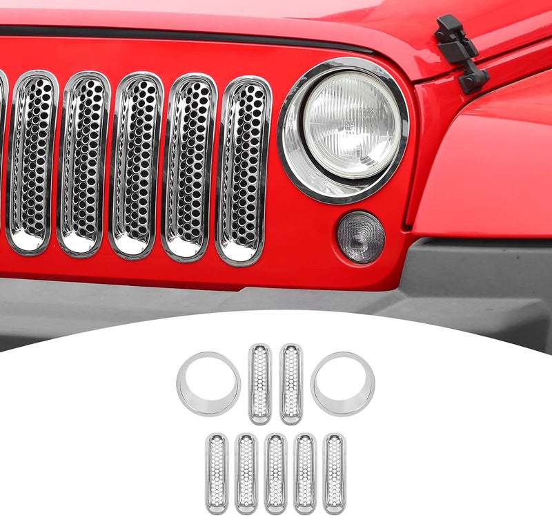 PDKLIN for Jeep JK Front Grille Inserts & Headlight Cover Trim Ring for Jeep Wrangler JK JKU 2007-2017 Chrome Exterior Accessories 9pcs - Image 1